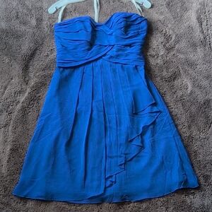 David's Bridal Strapless Royal Blue Pleated A-Line Dress with Ruffle Detail